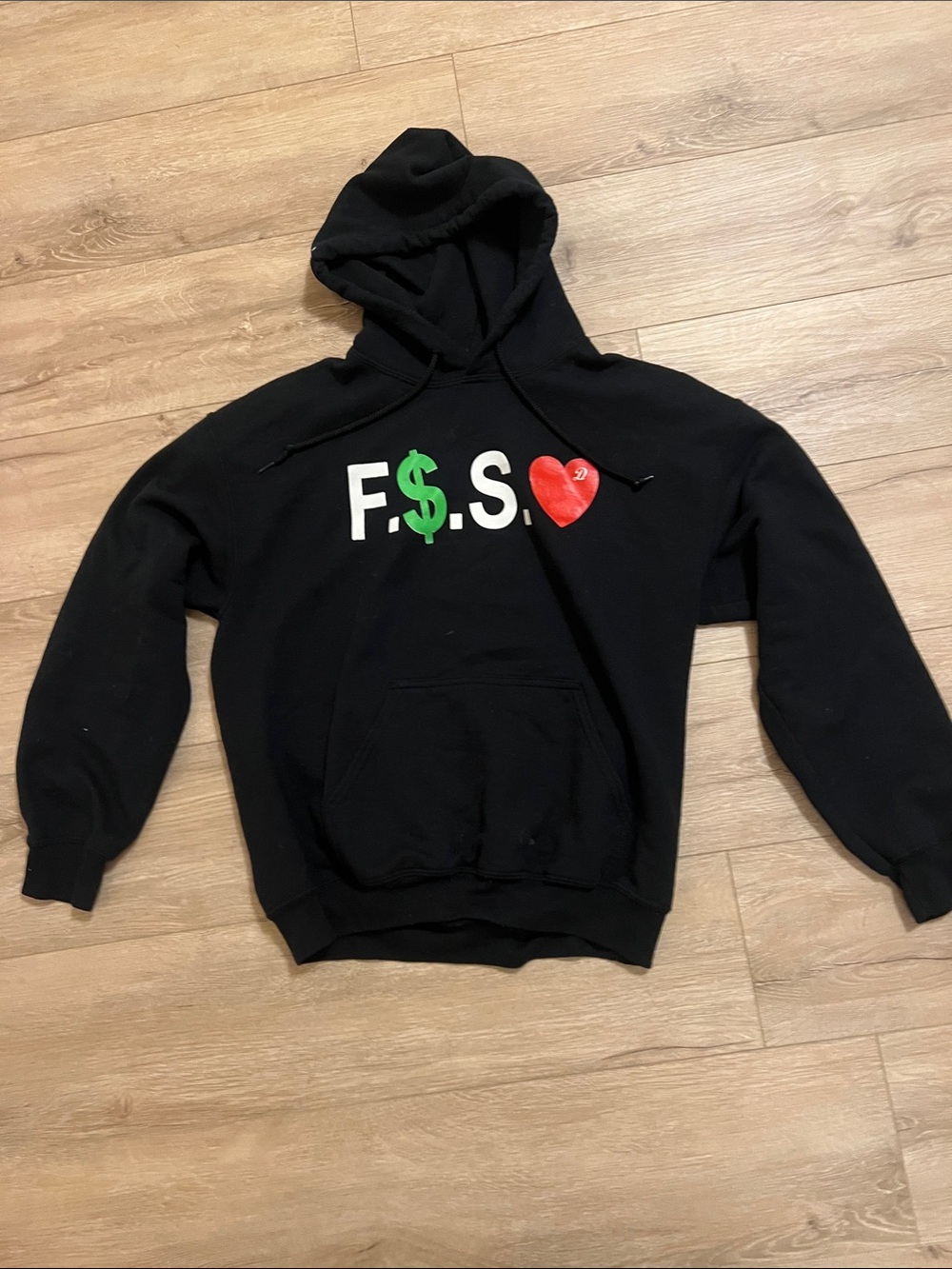 Gildan Black Crewneck Sweatshirt with Green Dollar Sign and Red Heart